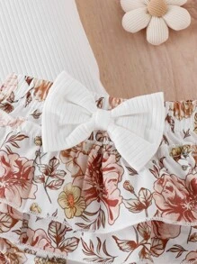Baby Rib-knit Halter Top & Floral Print Bow Front Shorts & Headband - Multicolor - View 7
