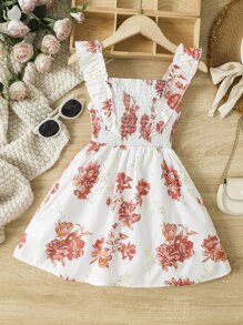 Toddler Girls Floral Print Ruffle Trim Shirred Dress - White - View 1