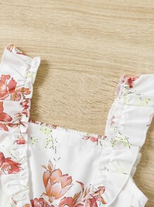 Toddler Girls Floral Print Ruffle Trim Shirred Dress - White - View 6