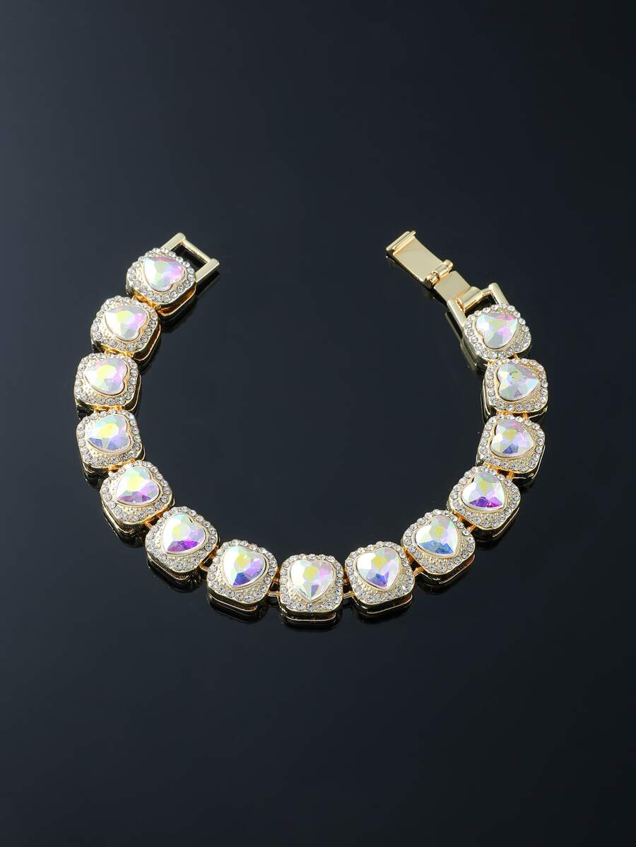 Men Rhinestone Heart Decor Bracelet - Yellow Gold - View 1