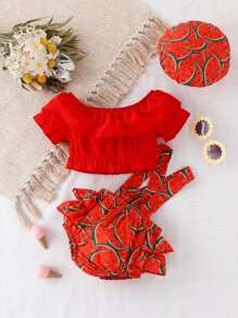 Baby Ruffle Trim Top & Allover Watermelon Print Suspender Shorts - Red - View 1