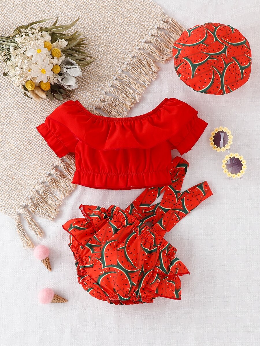 Baby Ruffle Trim Top & Allover Watermelon Print Suspender Shorts - Red - View 1