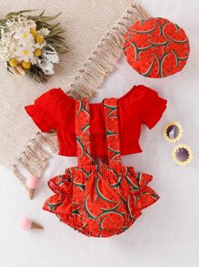 Baby Ruffle Trim Top & Allover Watermelon Print Suspender Shorts - Red - View 2