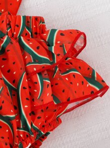 Baby Ruffle Trim Top & Allover Watermelon Print Suspender Shorts - Red - View 6