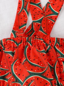 Baby Ruffle Trim Top & Allover Watermelon Print Suspender Shorts - Red - View 7