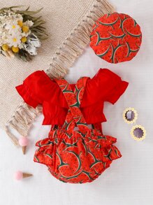 Baby Ruffle Trim Top & Allover Watermelon Print Suspender Shorts - Red - View 8