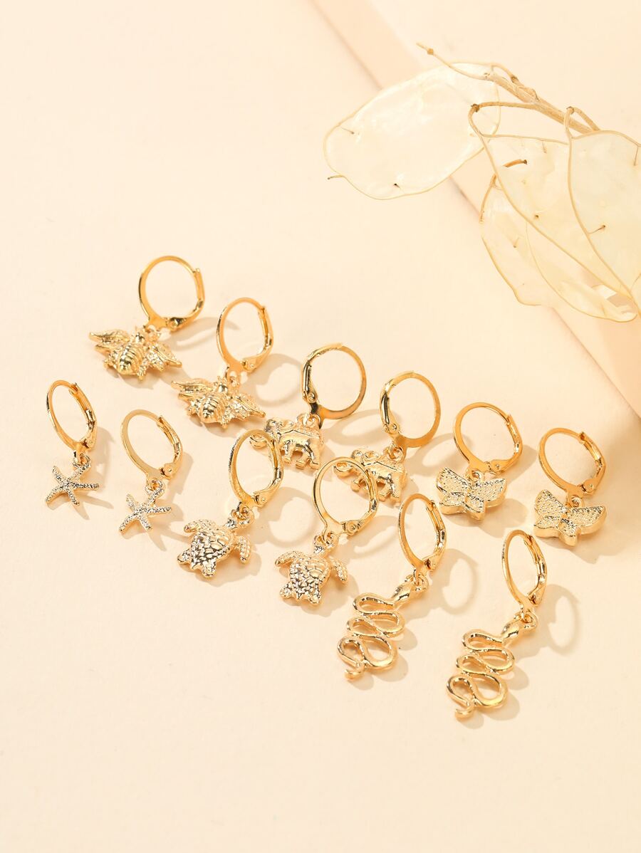 6pairs Starfish & Butterfly Decor Drop Earrings - Yellow Gold - View 1