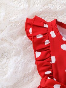 Bebé Vestido con cinturón con estampado de corazón ribete con fruncido - Rojo - Ver 5