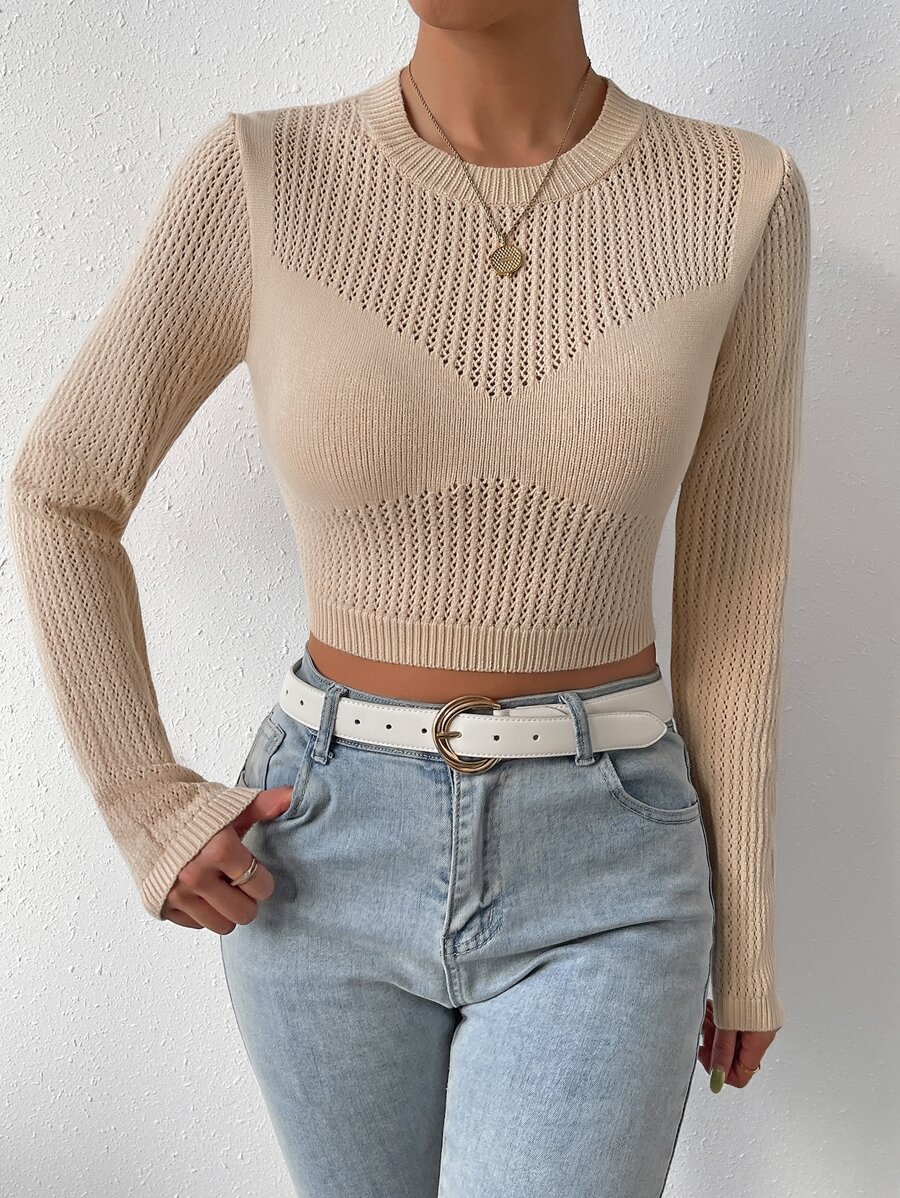 SHEIN Essnce Solid Pointelle Knit Crop Jumper - Apricot - View 1