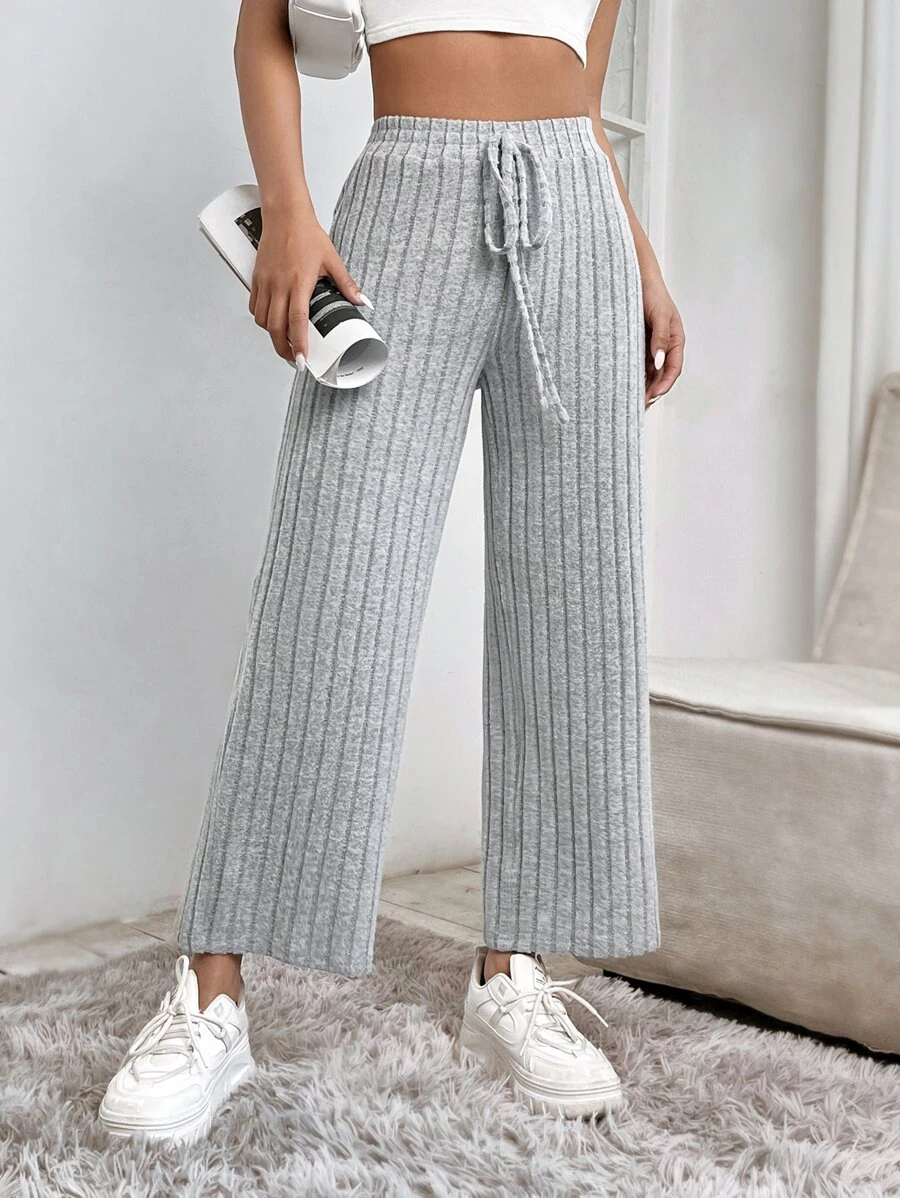 SHEIN PETITE Pantalones de cintura con nudo tejido de canalé - Gris - Ver 1