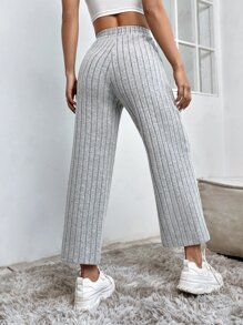 SHEIN PETITE Pantalones de cintura con nudo tejido de canalé - Gris - Ver 2