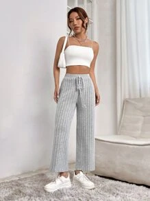 SHEIN PETITE Pantalones de cintura con nudo tejido de canalé - Gris - Ver 3