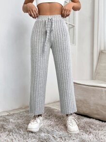 SHEIN PETITE Pantalones de cintura con nudo tejido de canalé - Gris - Ver 4