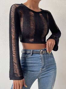 SHEIN Essnce Open Stitch Lace Up Crop Jumper - Black - View 5