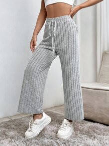 SHEIN PETITE Pantalones de cintura con nudo tejido de canalé - Gris - Ver 6