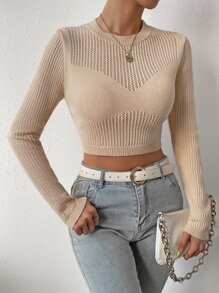SHEIN Essnce Solid Pointelle Knit Crop Jumper - Apricot - View 6