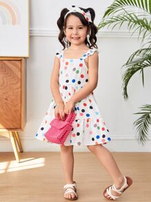 SHEIN Toddler Girls Polka Dot Print Ruffle Trim Dress - Multicolor - View 3