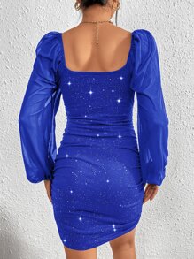 SHEIN SXY Sweetheart Neck Lantern Sleeve Ruched Glitter Bodycon Dress - Royal Blue - View 2