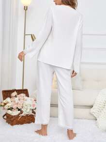 SHEIN Maternity Lace Trim Bow Front PJ Set - White - View 2