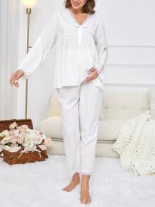 SHEIN Maternity Lace Trim Bow Front PJ Set - White - View 5