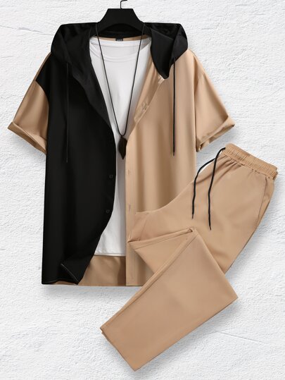 قميص لونين رباط قبعة مع بنطلون بدون تي شيرت للرجال