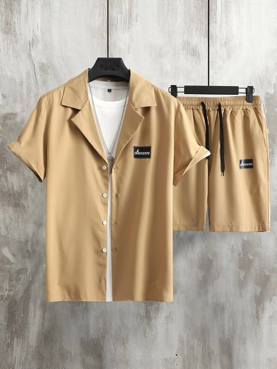 Manfinity Men Letter Graphic Shirt & Drawstring Waist Shorts Without Tee - Khaki - View 1