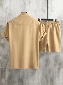 Manfinity Men Letter Graphic Shirt & Drawstring Waist Shorts Without Tee - Khaki - View 2
