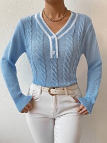 SHEIN Essnce Jersey cricket tejido de cable ribete de rayas - Azul - Ver 3