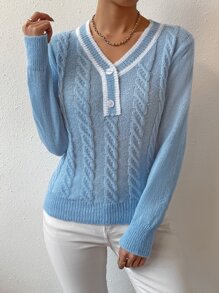 SHEIN Essnce Jersey cricket tejido de cable ribete de rayas - Azul - Ver 4