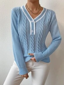 SHEIN Essnce Jersey cricket tejido de cable ribete de rayas - Azul - Ver 5