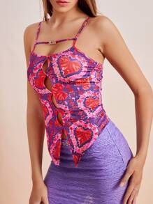 SHEIN ICON Heart Print Cut Out Front Cami Top - Multicolor - View 3