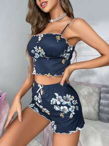 Floral Print Lettuce Trim Bow Front PJ Set - Multicolor - View 1