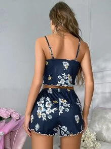 Floral Print Lettuce Trim Bow Front PJ Set - Multicolor - View 2