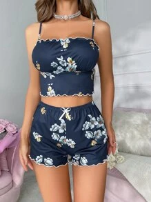 Floral Print Lettuce Trim Bow Front PJ Set - Multicolor - View 3