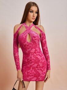 SHEIN ICON Đầm Lộ Lưng Nút Hội Chữ thập Cắt ra Hoa Gợi cảm - Nhiều màu - Xem 1