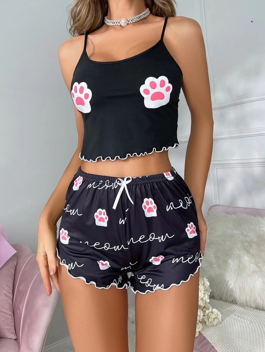 Paw & Letter Graphic Lettuce Trim Bow Front PJ Set - Black - View 1