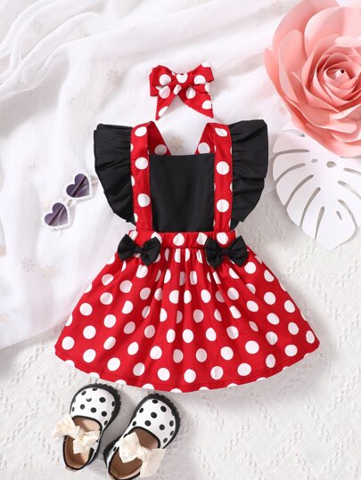SHEIN Playful Pals 嬰兒波卡圓點荷葉邊前蝴蝶結背帶裙