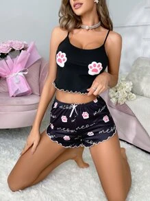 Paw & Letter Graphic Lettuce Trim Bow Front PJ Set - Black - View 5