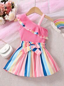 Baby Asymmetrical Neck Ruffle Trim Top & Striped Paperbag Waist Skirt - Multicolor - View 1