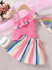 Baby Asymmetrical Neck Ruffle Trim Top & Striped Paperbag Waist Skirt - Multicolor - View 2