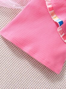 Baby Asymmetrical Neck Ruffle Trim Top & Striped Paperbag Waist Skirt - Multicolor - View 4