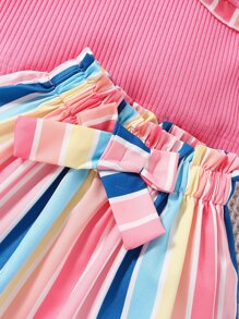 Baby Asymmetrical Neck Ruffle Trim Top & Striped Paperbag Waist Skirt - Multicolor - View 5