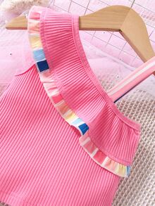 Baby Asymmetrical Neck Ruffle Trim Top & Striped Paperbag Waist Skirt - Multicolor - View 6