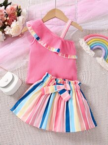 Baby Asymmetrical Neck Ruffle Trim Top & Striped Paperbag Waist Skirt - Multicolor - View 7
