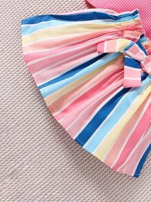 Baby Asymmetrical Neck Ruffle Trim Top & Striped Paperbag Waist Skirt - Multicolor - View 8