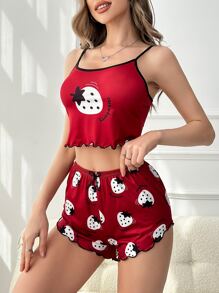Strawberry Print Lettuce Trim Cami Top & Shorts PJ Set - Burgundy - View 3