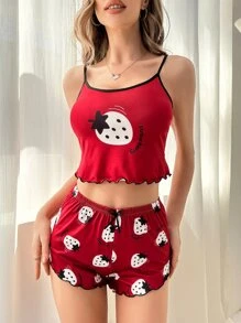 Strawberry Print Lettuce Trim Cami Top & Shorts PJ Set - Burgundy - View 4