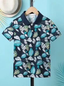 Boys Tropical Print Polo Shirt - Navy Blue - View 1