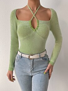 SHEIN Essnce Crisscross Tie Back Raglan Sleeve Jumper - Lime Green - View 4
