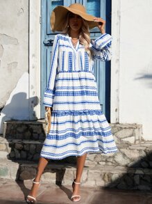 SHEIN VCAY Geo Print Notched Neck Ruffle Hem Smock Dress - Blue and White - View 1